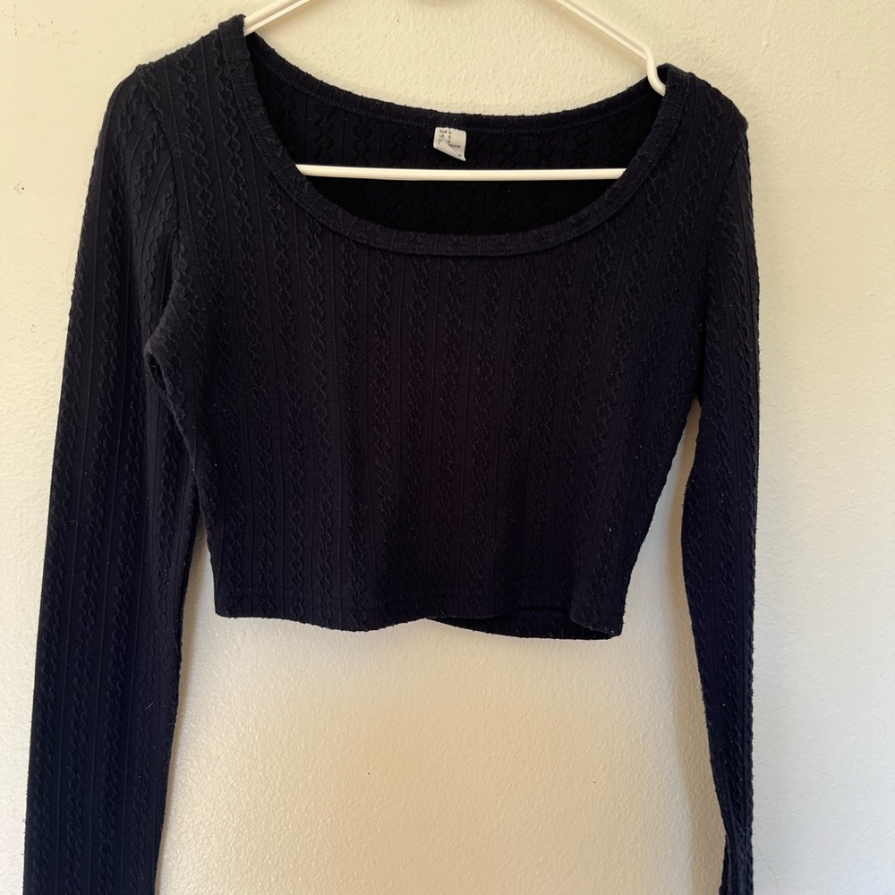 Navy Blue Cropped Long Sleeve Women's Top